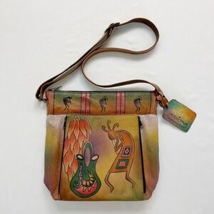 Anuschka Handpainted Leather Crossbody Kokopelli Fertility Deity Purse Bag